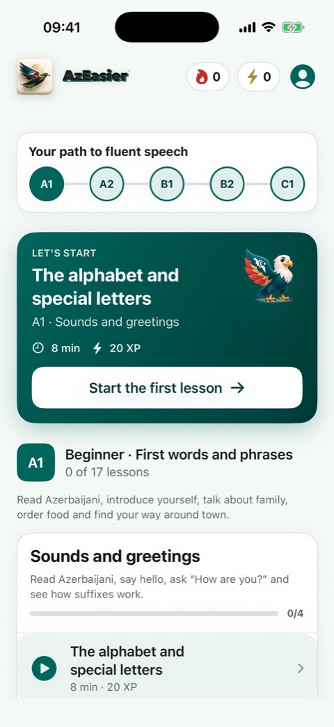 AzEasier home screen: the path from A1 to C1 and the first lesson
