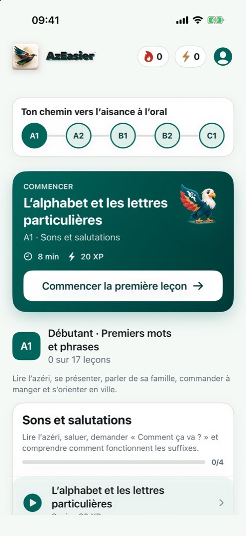 Écran d’accueil d’AzEasier : le chemin de A1 à C1 et la première leçon